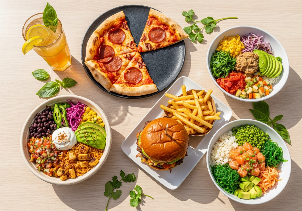 Overhead view of fast-casual restaurant dishes: a sliced pepperoni pizza, a grain bowl with avocado and pickled vegetables, a burger with golden fries, and a poke-style bowl with greens