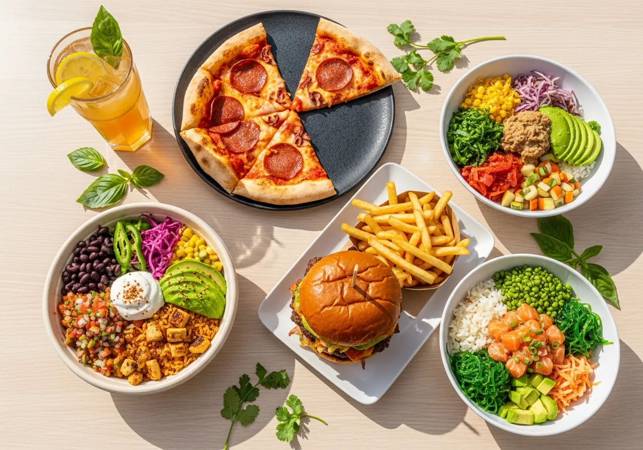 Overhead view of fast-casual restaurant dishes: a sliced pepperoni pizza, a grain bowl with avocado and pickled vegetables, a burger with golden fries, and a poke-style bowl with greens